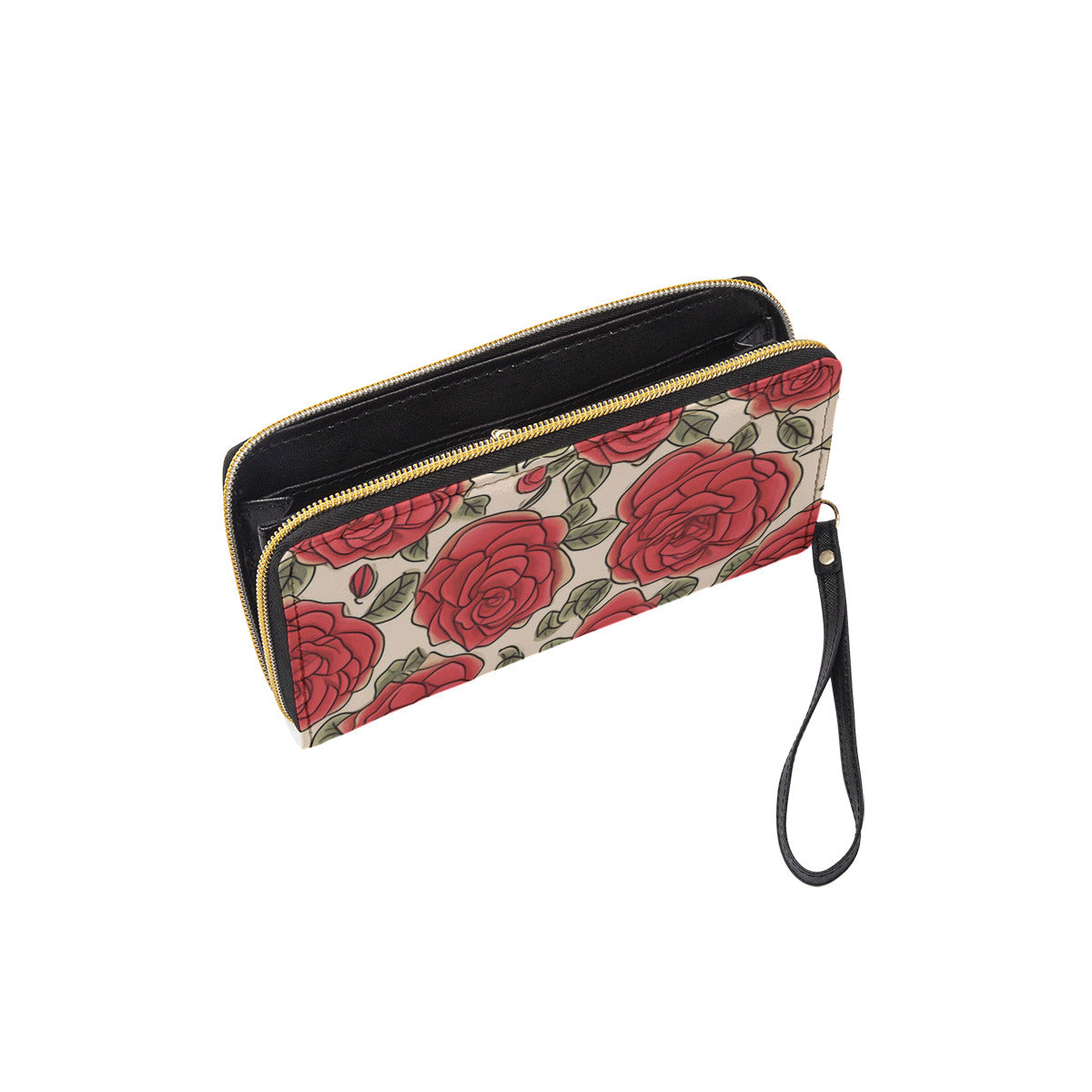 Long Wallet With Black Hand Strap-Red Rose Design