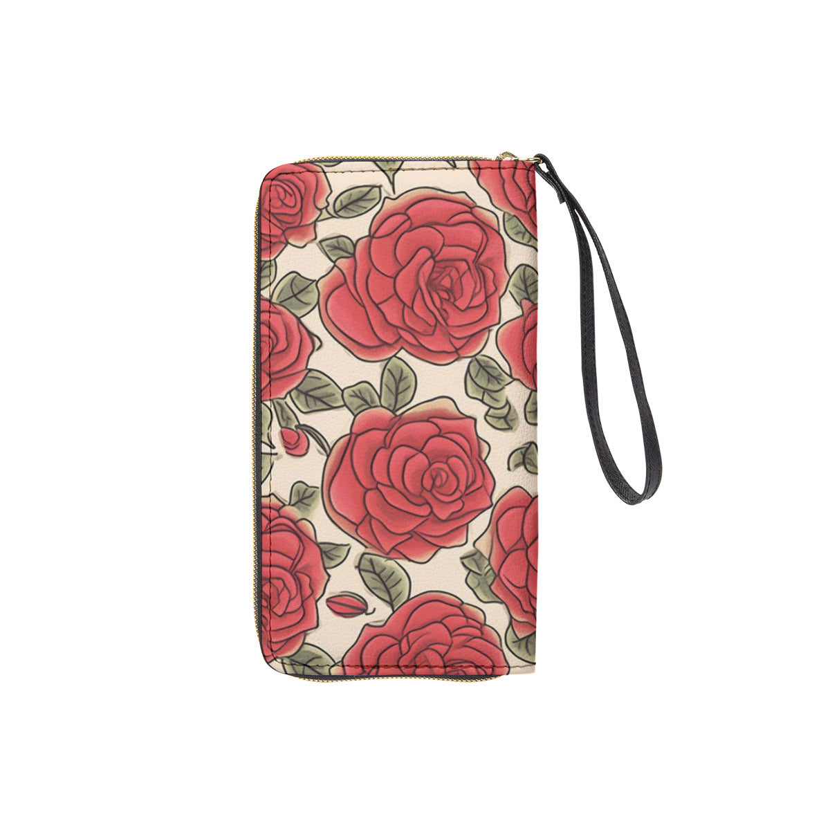 Long Wallet With Black Hand Strap-Red Rose Design