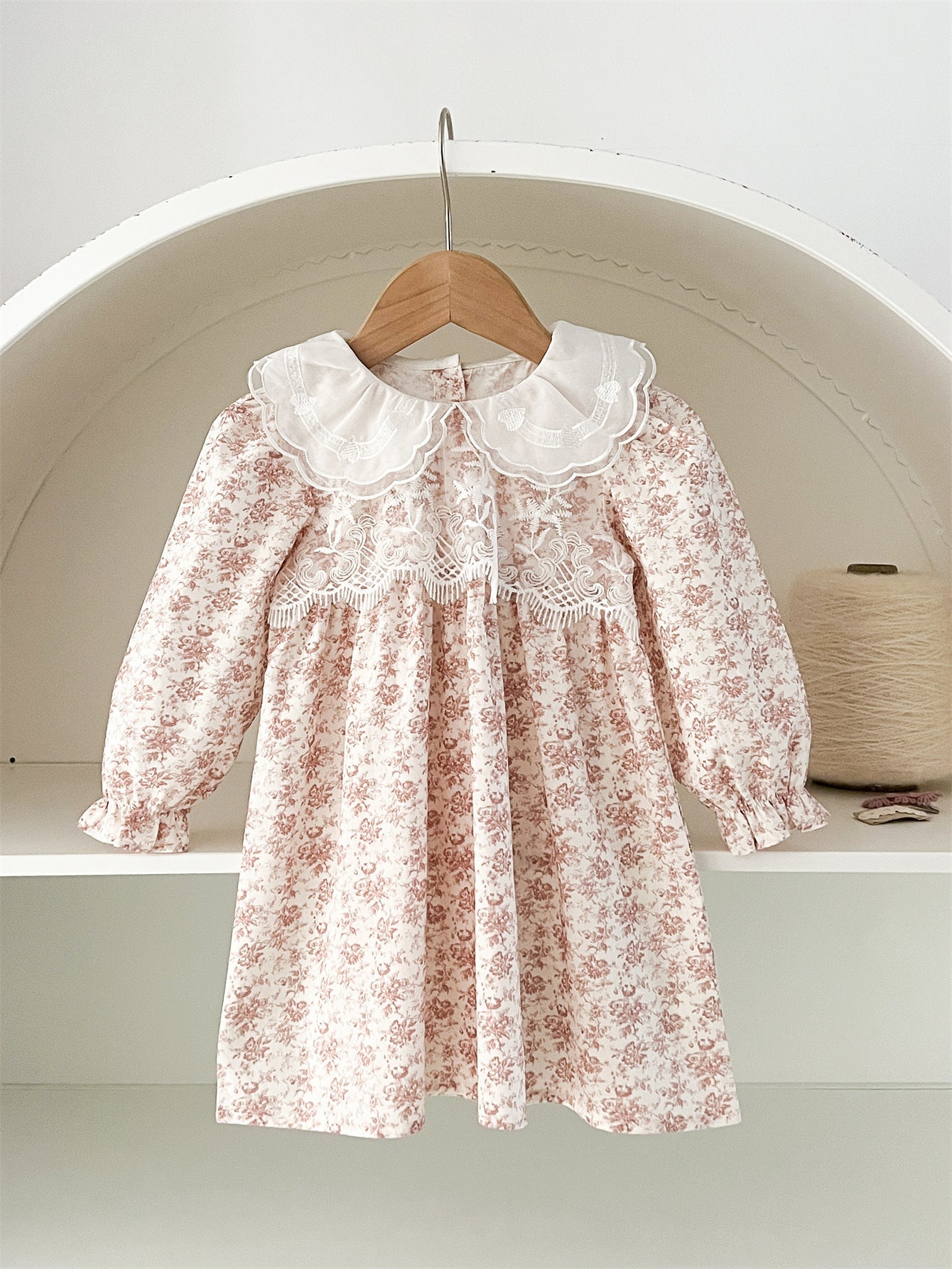 Spring and Autumn Floral Printed and Embroidered Long-sleeved Dress with Lace Collar for Stylish Girls