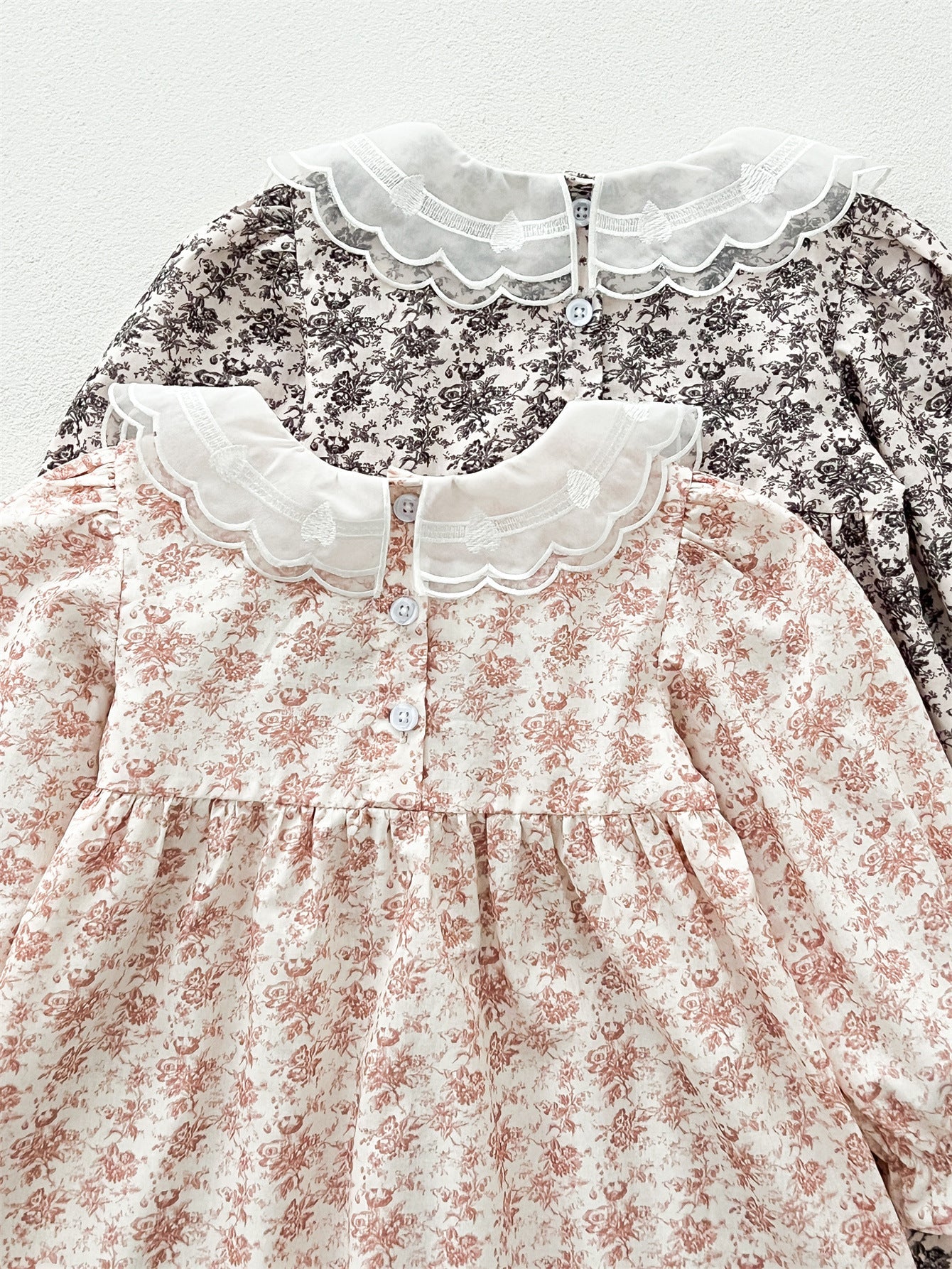 Spring and Autumn Floral Printed and Embroidered Long-sleeved Dress with Lace Collar for Stylish Girls