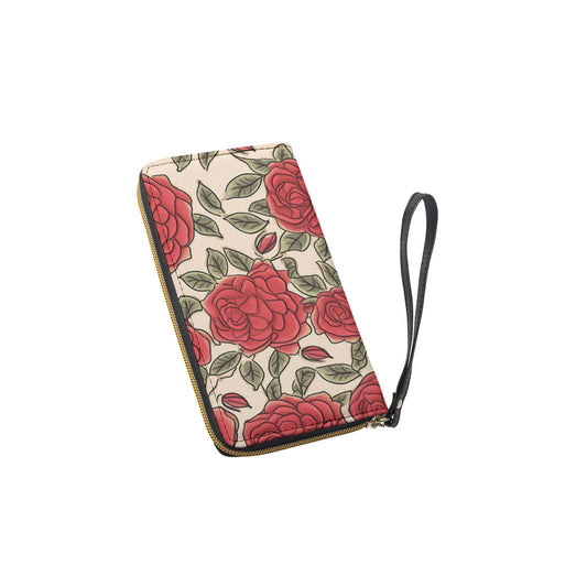 Long Wallet With Black Hand Strap-Red Rose Design