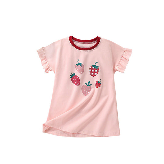 Summer Arrival Pink Strawberry Pattern Short Sleeves Cute Dress for Stylish Girls